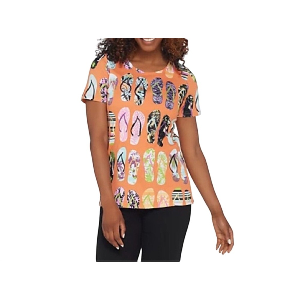 Quacker Factory Flip Flop Top Womens 3X Orange Rhinestone Short Sleeve Tee